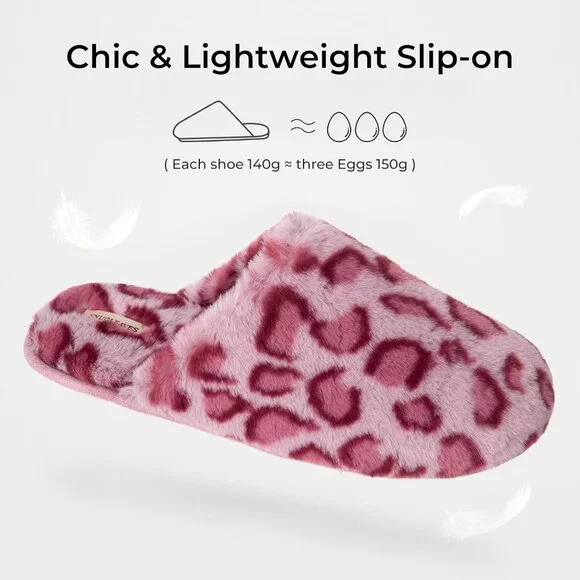 ⚡Women's Cheetah Pink Fuzzy Scuff Slippers Soft Comfy Memory Foam Non Slip